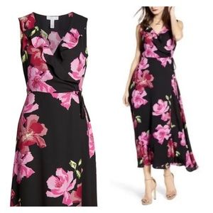 Leith Floral Black Pink Floral Wrap Sleeveless Frill Maxi Dress